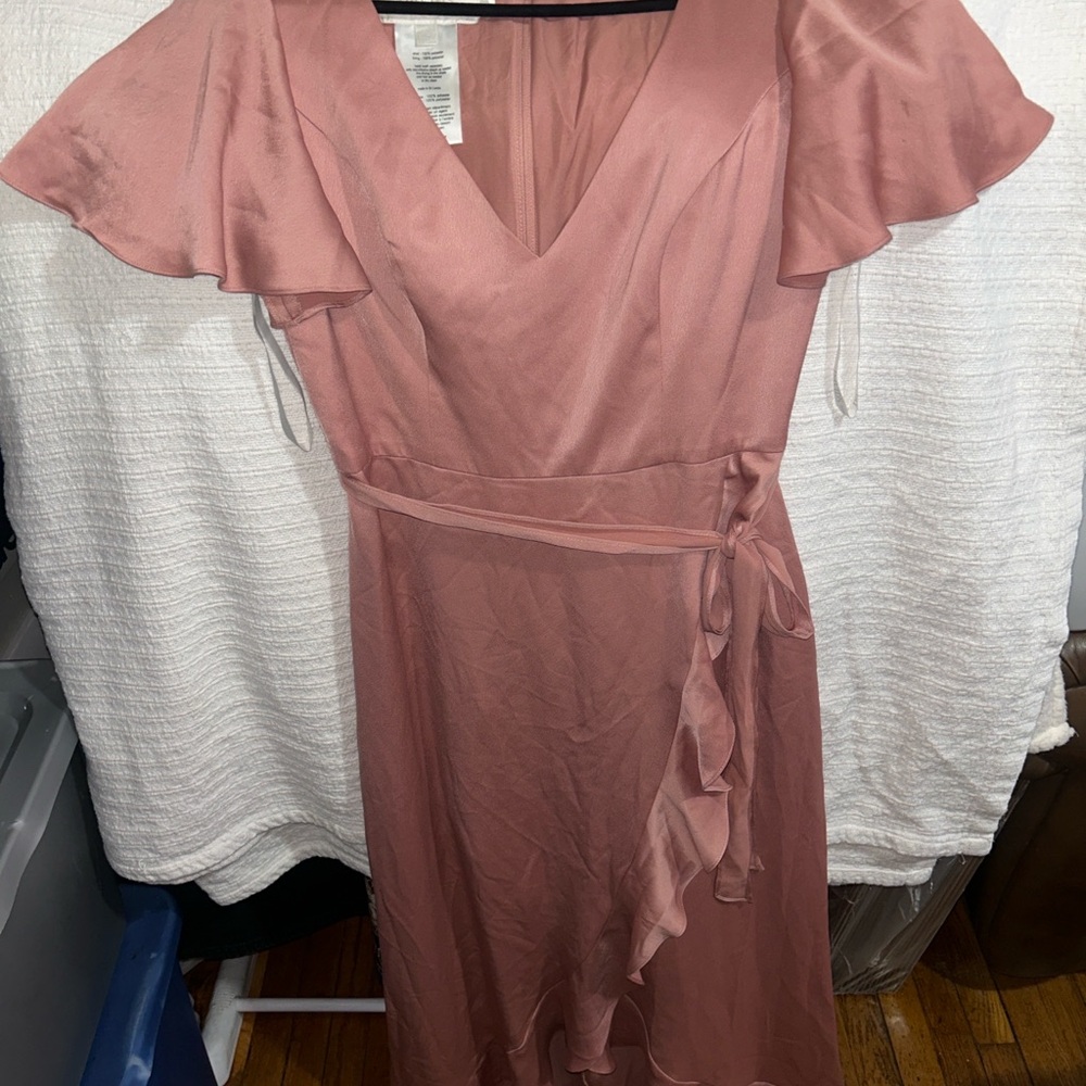David's Bridal Mauve Wrap High-Low Ruffle Maxi Dress ptp 19” - Picture 3 of 9